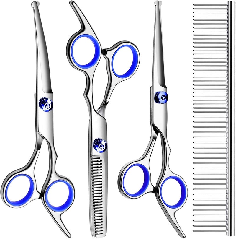 FAIGEO Professional Dog Grooming Scissors Kit, Titanium Coated Dog Scissors for Grooming, Grooming Shears Kit - Straight,Thinning, Curved Scissors and Comb for Dog Cat Pet (Blue 5 in 1) - Image 1
